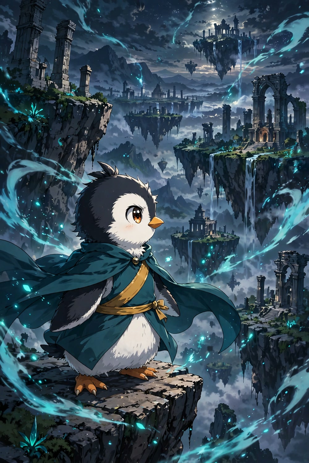 Zero the penguin chick in a teal cloak and gold sash, standing on a cliff above floating islands